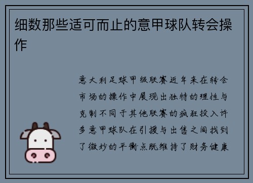 细数那些适可而止的意甲球队转会操作