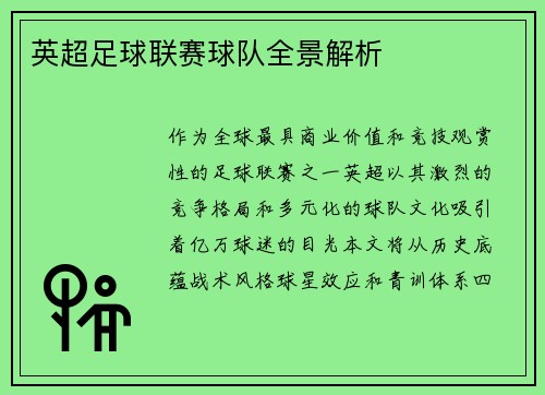 英超足球联赛球队全景解析