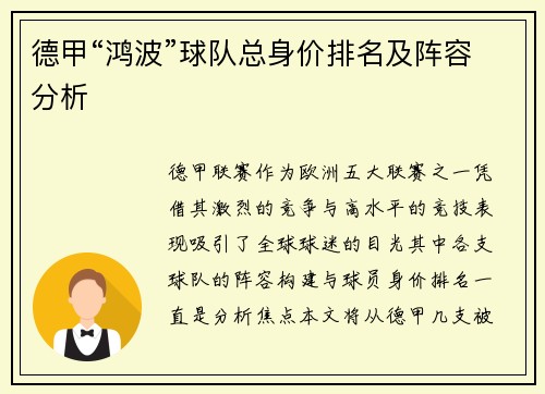 德甲“鸿波”球队总身价排名及阵容分析