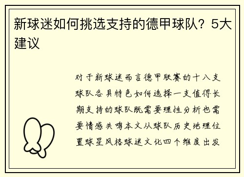 新球迷如何挑选支持的德甲球队？5大建议