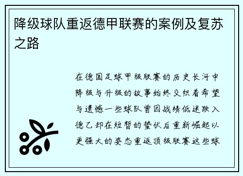 降级球队重返德甲联赛的案例及复苏之路